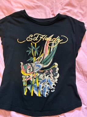 Ed Hardy Women’s Black Graphic Tee with Colorful Bird Print